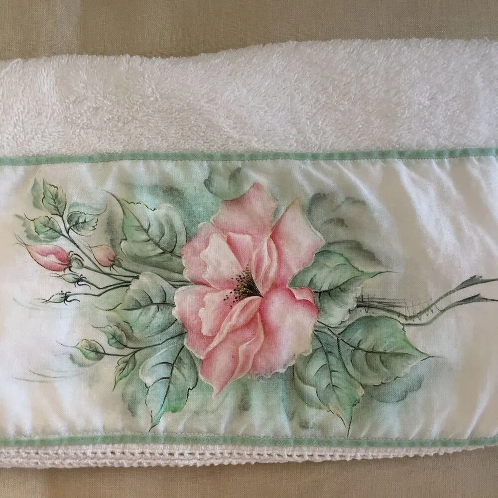 Vintage Hand Towel Vintage Painted Handmade Crochet Lace Trim 16”x 36”